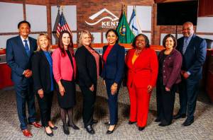 Kent Mayor Dana Ralph, fourth from left, stands with the Kent City Council, from left to right, John Boyd, Toni Troutner, Zandria Michaud, Satwinder Kaur, Brenda Fincher, Marli Larimer and Bill Boyce. COURTESY PHOTO, City of Kent