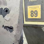 Left to right: Holes on one of the gas station canopies' beams and damage to a gas station pump structure. Courtesy photo.