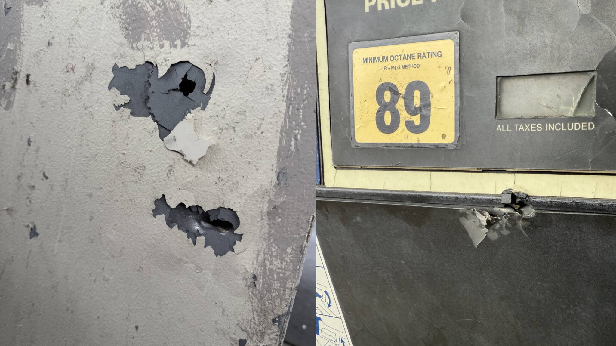 Left to right: Holes on one of the gas station canopies' beams and damage to a gas station pump structure. Courtesy photo.