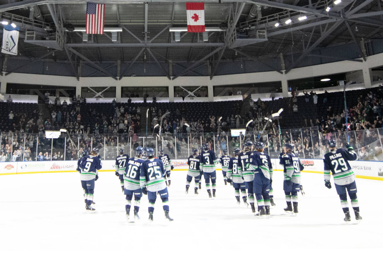 The Seattle Thunderbirds celebrate a 6-3 win over Everett on April 1 at the accesso ShoWare Center in Kent. COURTESY PHOTO, Brian Liesse, Seattle Thunderbirds