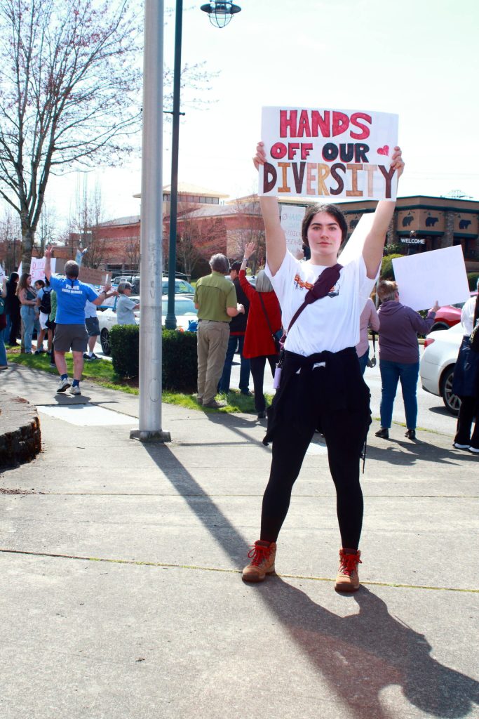 Demonstrators shared a variety of Hands Off messages at the Federal Way demonstration on Saturday, April 5 in Federal Way. Photo by Keelin Everly-Lang / Sound Publishing