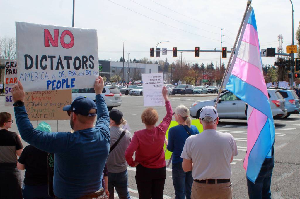 Demonstrators filled every corner and stretched down the block at the intersection of South 320th Street and Pacific Highway South on Saturday, April 5. Photo by Keelin Everly-Lang /Sound Publishing