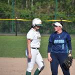Kenzie Coble walks to first base after a single. Ben Ray / The Reporter