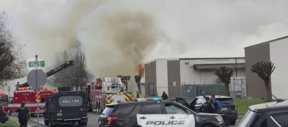 A fire April 8 at Zanadu Studios in Auburn, where Avon Cobb reportedly fled at a Kent domestic violence incident. Valley SWAT surrounded the business, but Cobb got away without police noticing. COURTESY PHOTO, GoFundMe