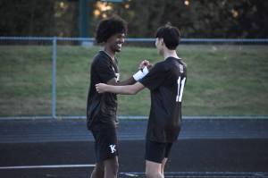 Kentwoods Hamza Abdille and Dylan Chavez shake hands after the games first goal. Ben Ray / The Reporter