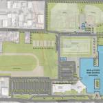 The design schematics presented by BRIC Architecture at the school board meeting shows the new school building and parking lots in relationship to the old buildings and the adjacent streets. Courtesy image