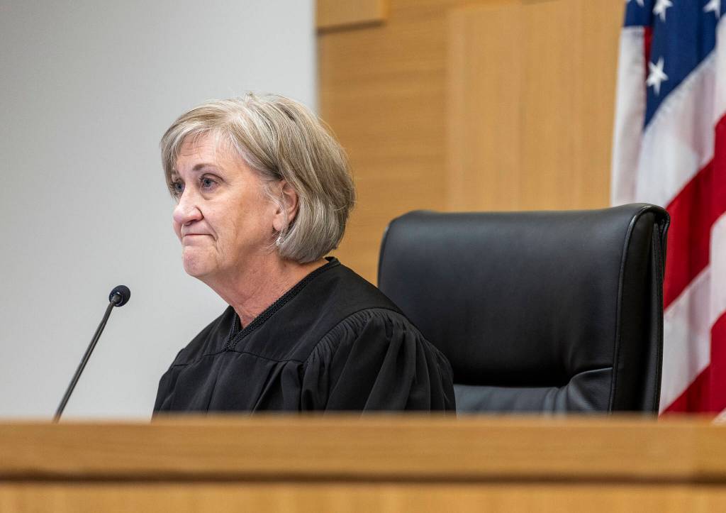 Judge Karen D. Moore addresses the court during the sentencing hearing for Raul Benitez Santana at the Snohomish County Courthouse on Wednesday, July 2, 2025 in Everett, Washington. (Olivia Vanni / The Herald)