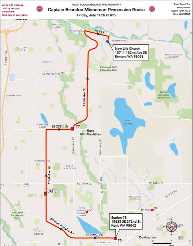 A map of the procession from 11:10 to 11:50 a.m. on Friday, July 18 for Puget Sound Fire Capt. Brandon Minneman. COURTESY GRAPHIC, Puget Sound Fire