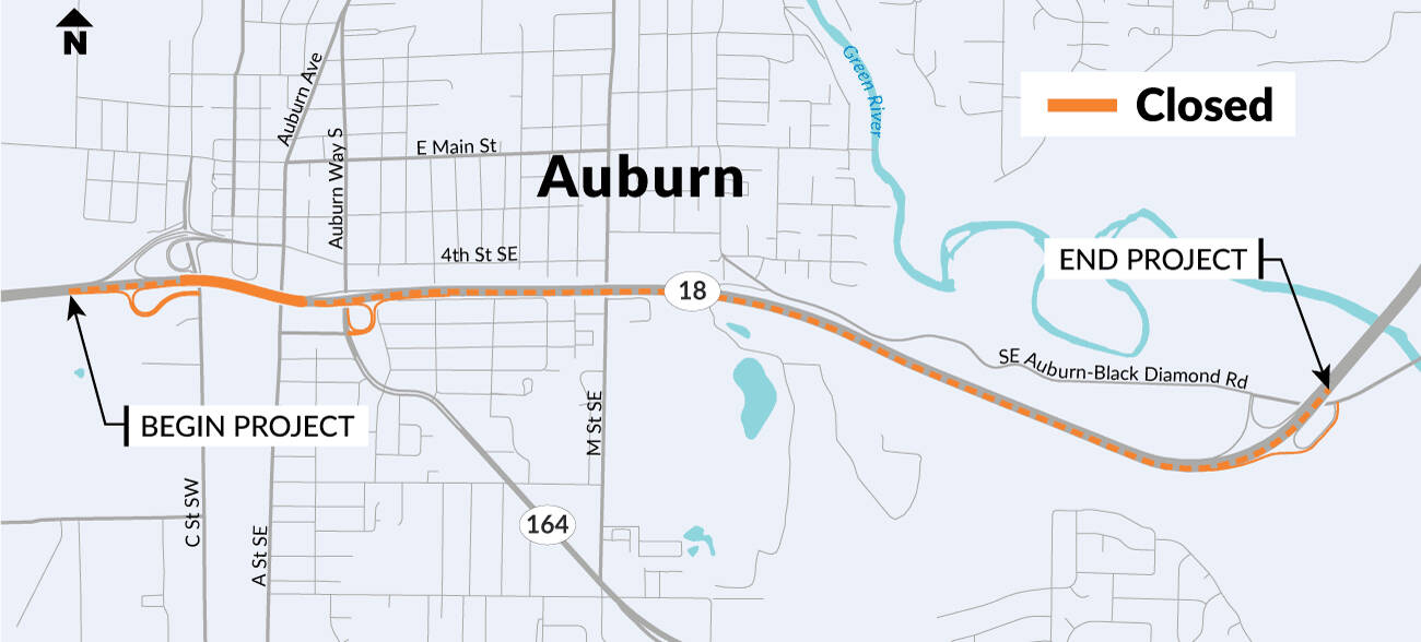 Closure of eastbound SR 18 in Auburn July 25-28. COURTESY GRAPHIC, WSDOT