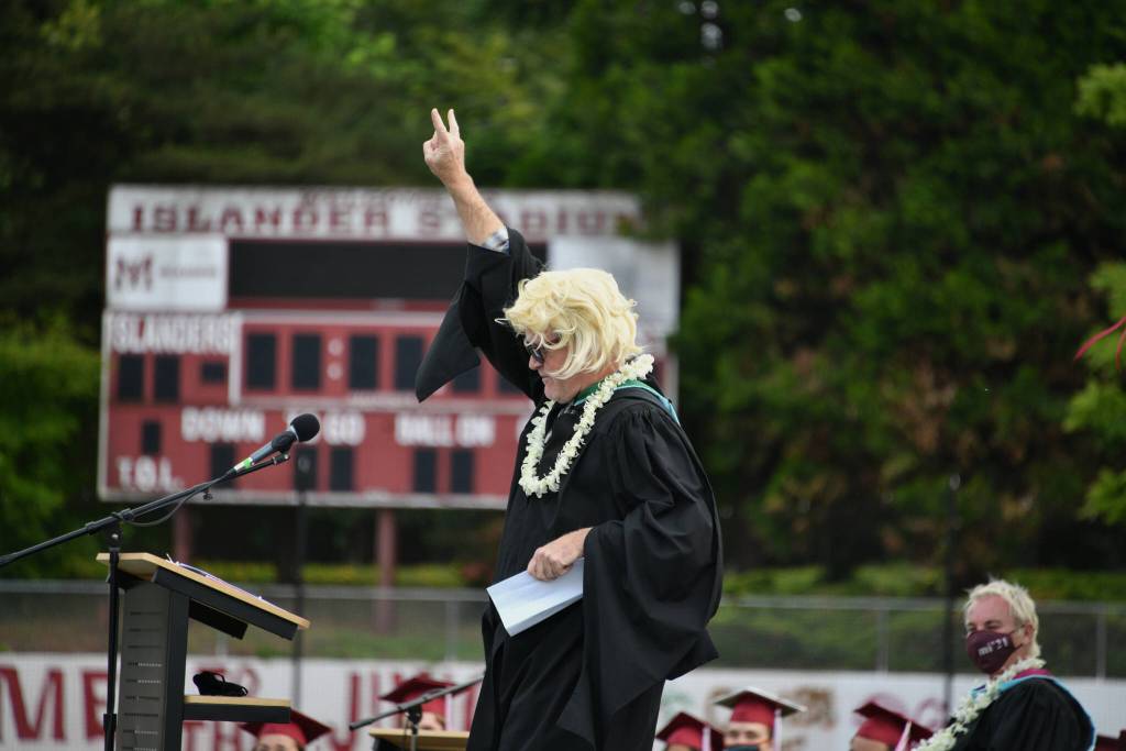Former Mercer Island High School teacher Chris Twombley at the 2021 graduation ceremony. File photo
