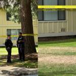 Officers at The Shores Apartments in Federal Way and some cones and a tape measure behind caution tape on Aug. 18. By Joshua Solorzano/Sound Publishing