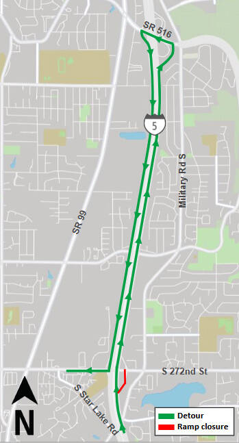 The off-ramp from I-5 northbound at South 272nd Street will be closed for construction the weekends of Sept. 5-8 and Sept. 12-15. COURTESY GRAPHIC, Sound Transit