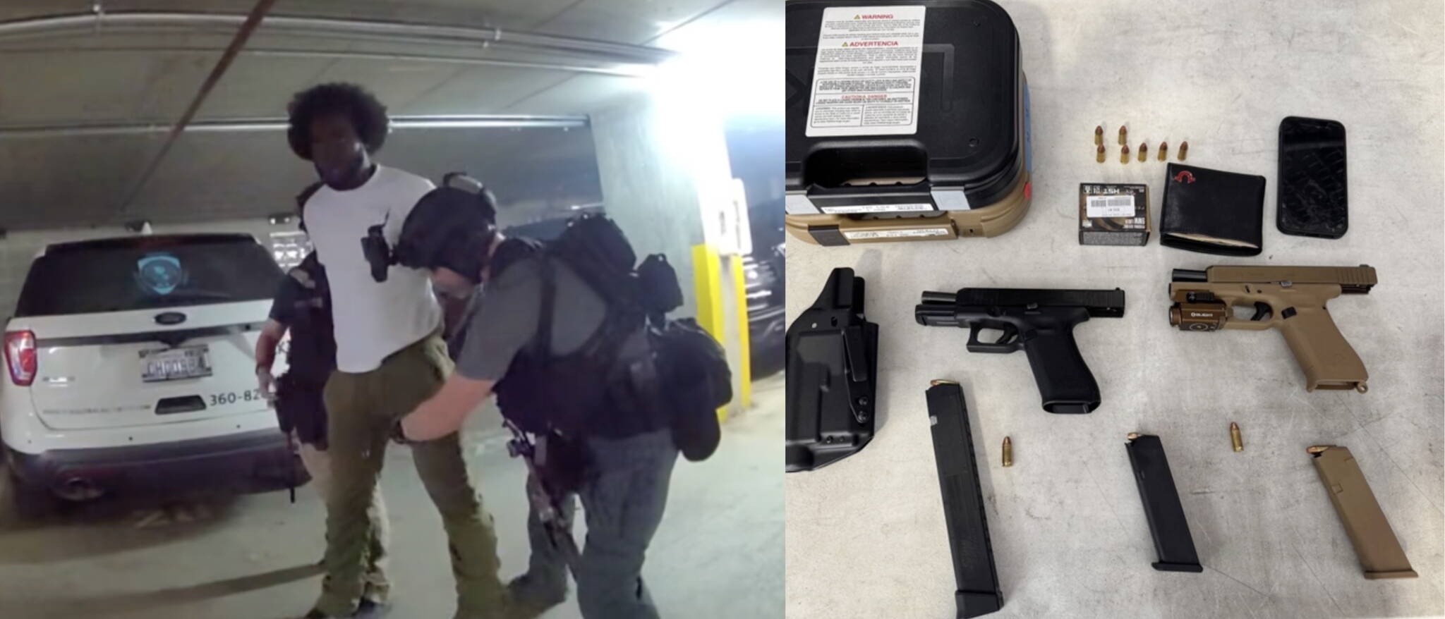 A photo of Malik Marquez Sanchez being arrested and the items found in his possession. Courtesy of the Renton Police Department.