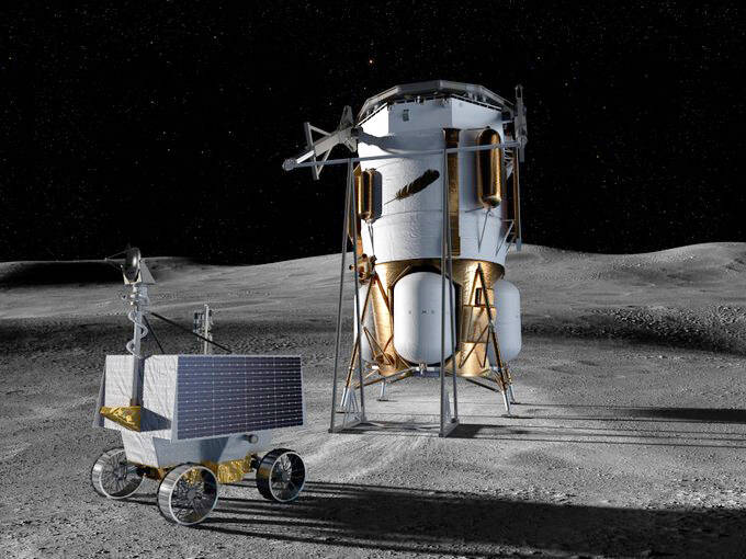 This artists concept shows Blue Origins Blue Moon Mark 1 lander and NASAs VIPER (Volatiles Investigating Polar Exploration Rover) on the lunar surface. COURTESY IMAGE, Blue Origin