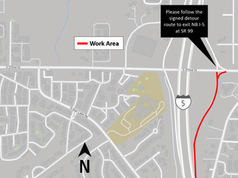 The northbound I-5 off-ramp to South 272nd Street in Kent will close this weekend. COURTESY GRAPHIC, Sound Transit