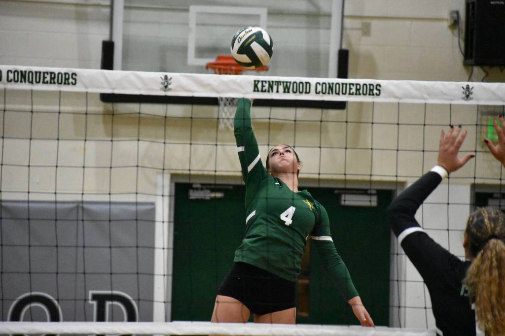 Genesis Miller hits the ball over the net from the backline for Kentridge. Ben Ray / The Reporter
