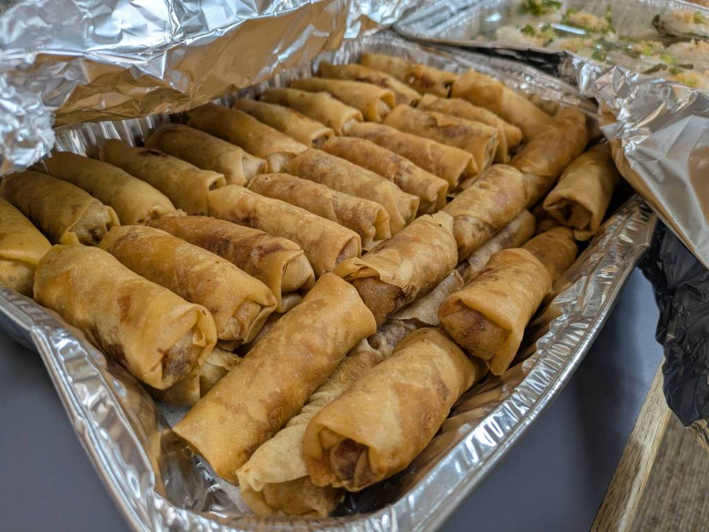 Deep-fried spring rolls were one of many delicious dishes at the Evergreen Elders Connection Thanksgiving event.