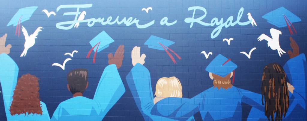 The mural covers a wall on campus near the gym entrance. STEVE HUNTER, Kent Reporter