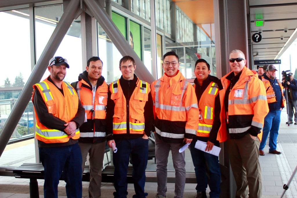 Sound Transit operations staff celebrates the upcoming opening of three new light rail stops including the Kent-Des Moines stop (pictured). Photo by Keelin Everly-Lang /Sound Publishing