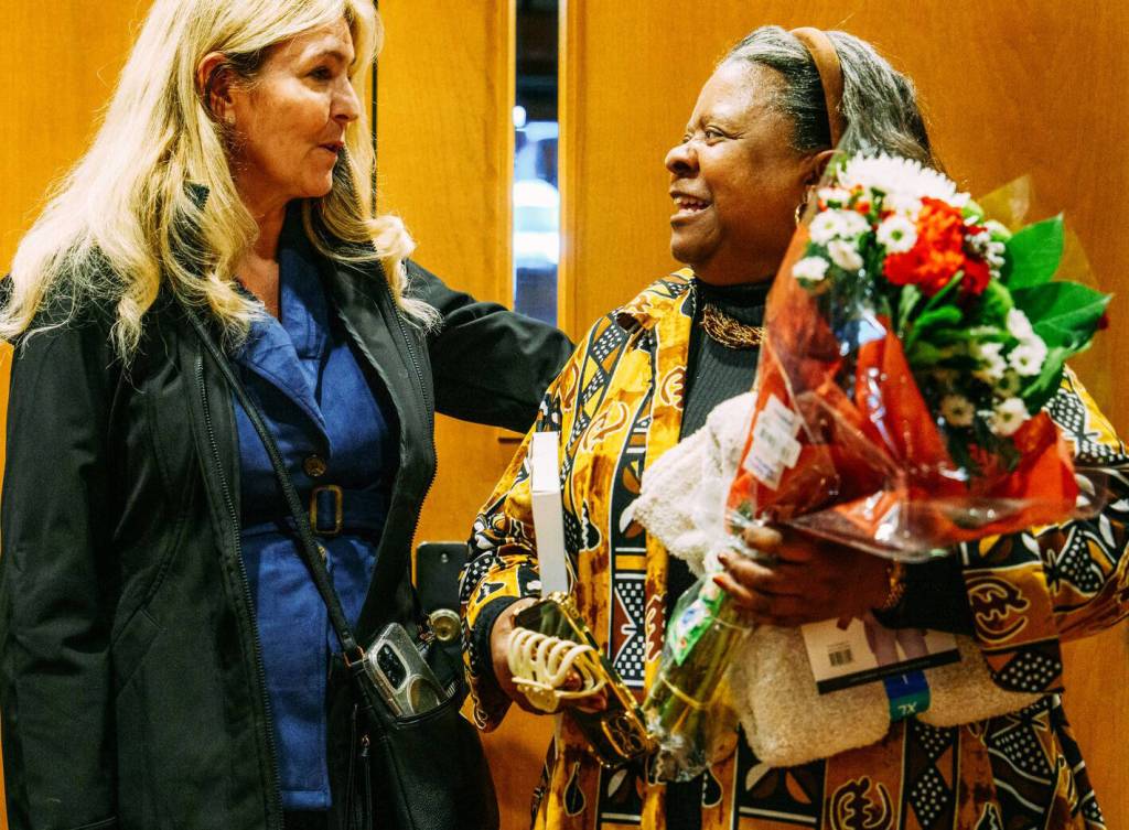 State Sen. Tina Orwall, D-Des Moines, talks about working with Brenda Fincher on state issues. COURTESY PHOTO, City of Kent