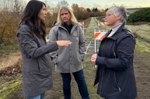 King County Councilmember Steffanie Fain, left, Kent Mayor Dana Ralph and King County Councilmember Sarah Perry meet Dec. 12 along the Green River in Tukwila. COURTESY PHOTO, King County