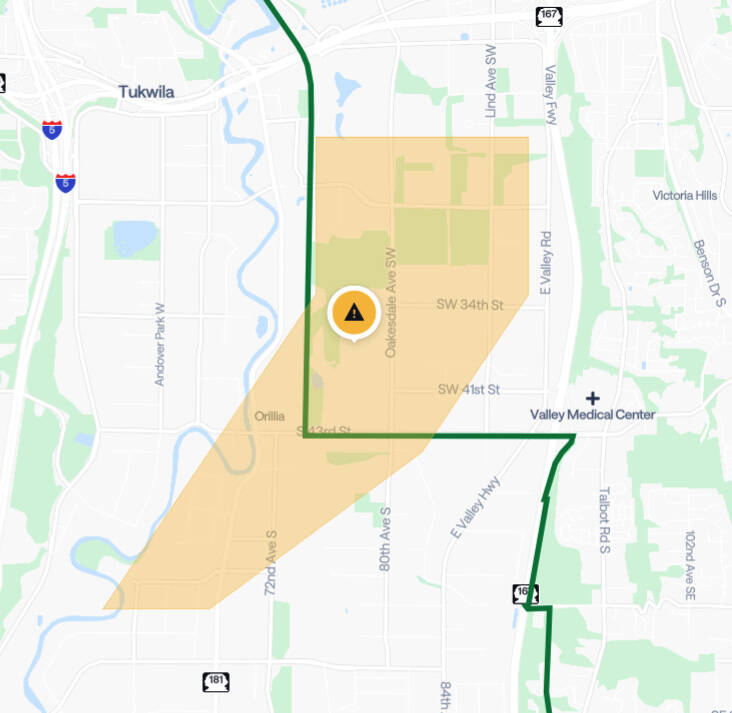 Map of areas in Kent, Renton and Tukwila impacted by Green River levee breach Dec. 15. COURTESY IMAGE, King County
Map of areas in Kent, Renton and Tukwila impacted by Green River levee breach Dec. 15. COURTESY IMAGE, King County