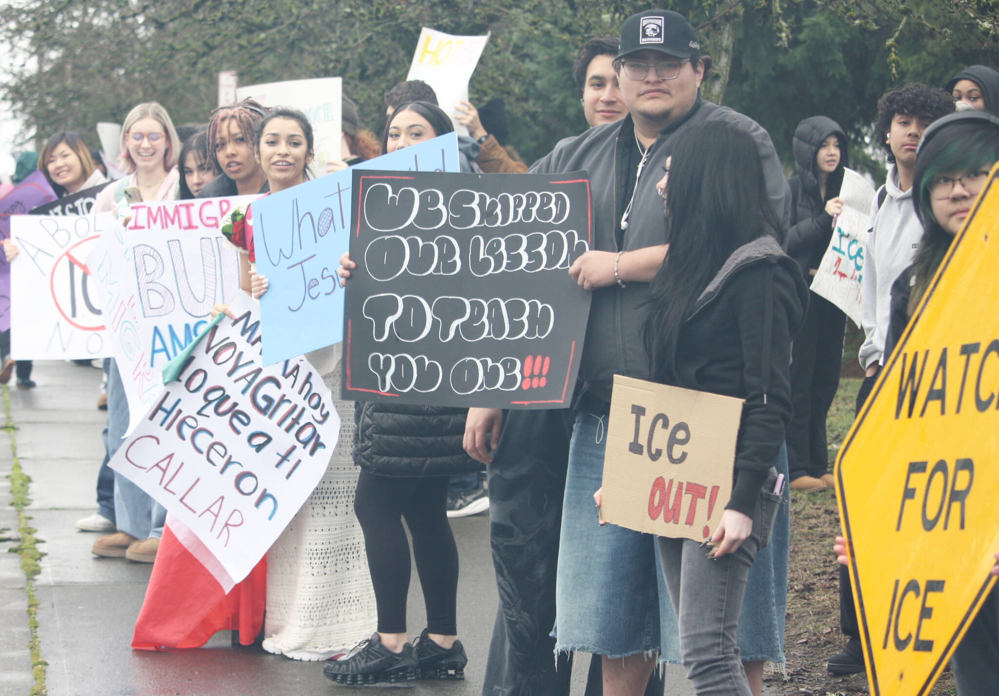 Kentridge High School students during an anti-ICE protest Feb. 2 along SE 212th Street next to the schools campus. STEVE HUNTER, Kent Reporter