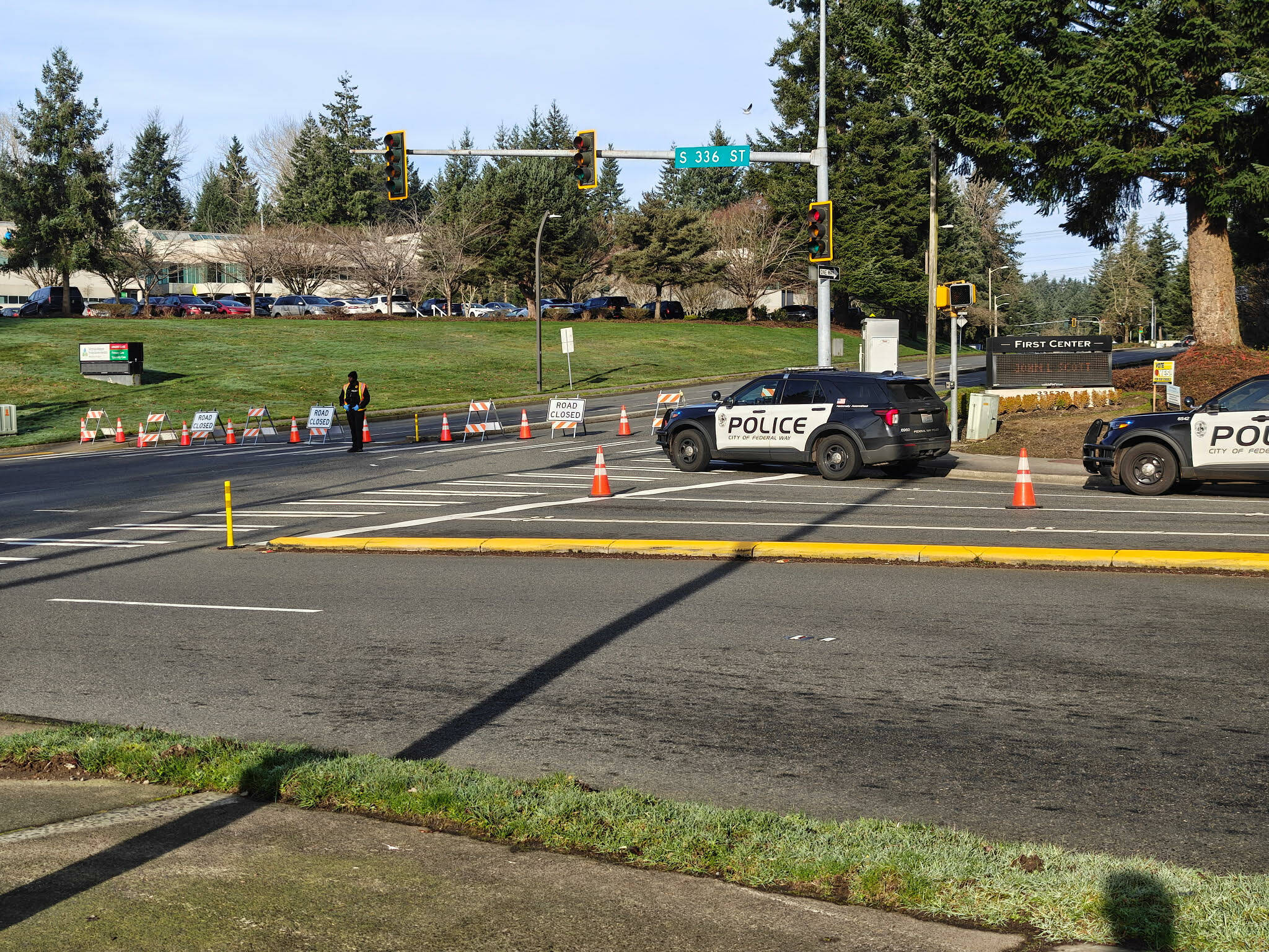 The Federal Way intersection at S. 336th St. and First Way S. was blocked off for several hours after an officer-involved shooting on Feb. 6. Photo by Ben Ray/Sound Publishing