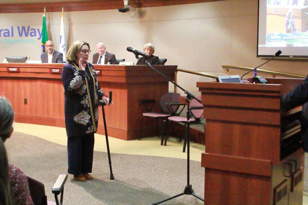 Susan Honda is sworn in as the council president after the vote at the special election on Feb. 10, 2026. Photo by Keelin Everly-Lang / the Mirror