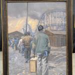 Photo by Bailey Jo Josie/Sound Publishing
A painting by Chris Hopkins explores the incarceration experience, this one highlighting the stark contrast of the use of the Washington State Fairgrounds for imprisoning Japanese American families with its other uses for entertainment as a rollercoaster looms above those entering the Puyallup Assembly Center.