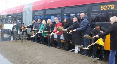 Groundbreaking of the RapidRide I Line in Renton with community members Arya Nguyen and Prem Subedi, Metro General Manager Michelle Allison, State Rep. David Hackney, Auburn Deputy Mayor Tracy Taylor-Turner, Kent Mayor Dana Ralph, Renton Mayor Armondo Pavone, King County Councilmembers Steffanie Fain and Pete von Reichbauer, King County Executive Girmay Zahilay, State Rep. Debra Entenman and Renton Councilmember Valerie OHalloran. Photo by Bailey Jo Josie/Sound Publishing