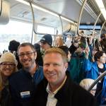 Photo courtesy of the city of Mercer Island
From left, Mercer Island City Manager Jessi Bon, councilmember Wendy Weiker, Deputy Mayor Daniel Becker and Mayor Dave Rosenbaum on the packed first train to Mercer Island on March 28.