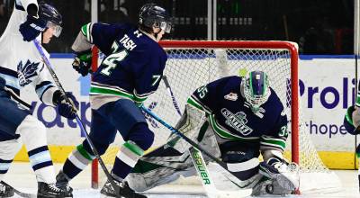 Seattle Thunderbirds goalie Marek Sklenicka makes one of his 50 saves Wednesday night, April 1 against Penticton in game four of their Western Hockey League playoff series at the accesso ShoWare Center in Kent. COURTESY PHOTO, Brian Liesse, Seattle Thunderbirds
