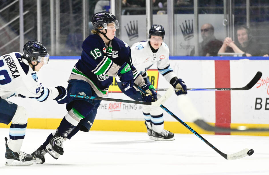Seattles Brock England during an April 1 game against Penticton at the accesso ShoWare Center in Kent. COURTESY PHOTO, Brian Liesse, Seattle Thunderbirds