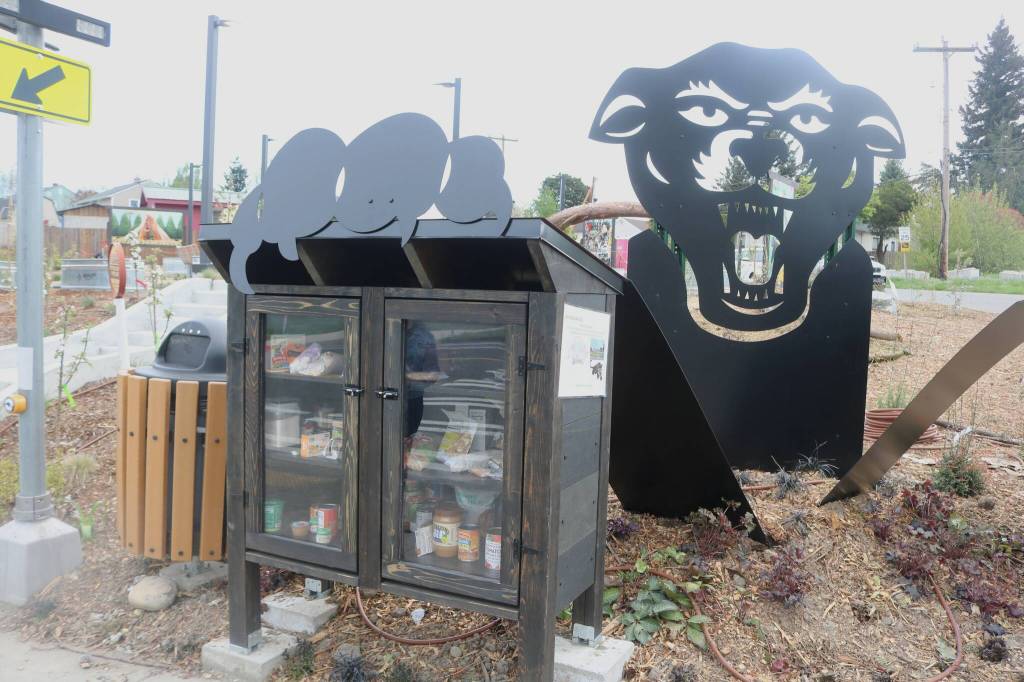 Photo by Bailey Jo Josie/Sound Publishing
The corner of the park heralds a metal statue inspired by the original Black Panther Party logo, reaching one paw out over a community food pantry (pictured) and the other paw reaching over a lending library.