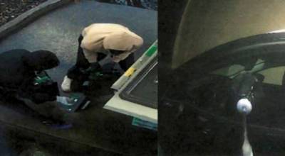 Left to right: The suspects pulling out cash cassettes and a suspect tampering with an ATM. Courtesy photos.