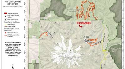 A map of the Grand Park 2 fire in Mount Rainier. Its estimated to be about 167 acres large. Image courtesy InciWeb